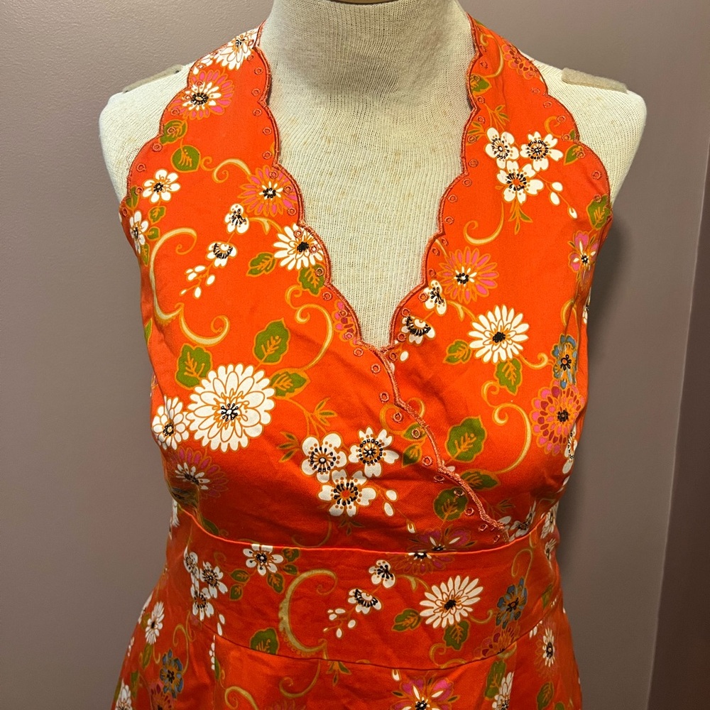 Y2K Spencer Jeremy Orange Floral Embroidered Halter Fit and Flare Dress Size 14 - Picture 2 of 10
